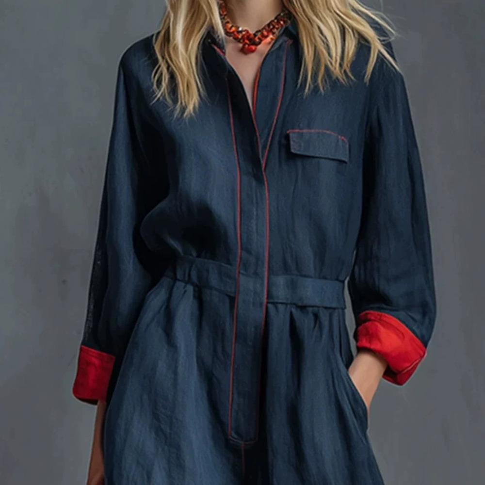 Womens Retro Casual Red Long Sleeve Jumpsuit
